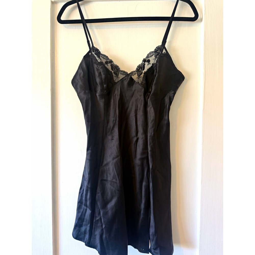 Victoria's Secret Vintage Y2K Black Satin Slip Dress Lace Trim Open Back Small